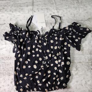 Bershka Black and White Cute Daisy Floral Tie Front Crop Blouse Top Size S